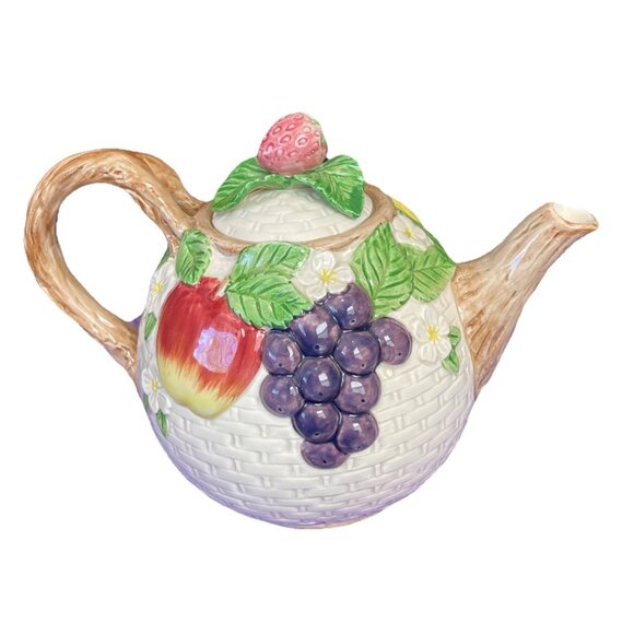 Fitz Floyd Fruit Teapot Basket Weave 42 oz Vintage 1990 Cottagecore Farm MCM - Picture 3 of 5